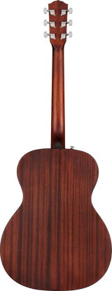 The image shows the back view of a 6-string acoustic-electric guitar with a reddish-brown wood finish and visible grain. It features a headstock with six tuning pegs, a long wooden neck, and a classic curved body shape. An output jack on the side indicates it can connect to an amplifier. The guitar's craftsmanship highlights a natural, polished appearance, making it suitable for various music styles.