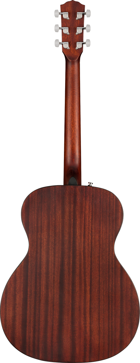The image shows the back view of a 6-string acoustic-electric guitar with a reddish-brown wood finish and visible grain. It features a headstock with six tuning pegs, a long wooden neck, and a classic curved body shape. An output jack on the side indicates it can connect to an amplifier. The guitar's craftsmanship highlights a natural, polished appearance, making it suitable for various music styles.
