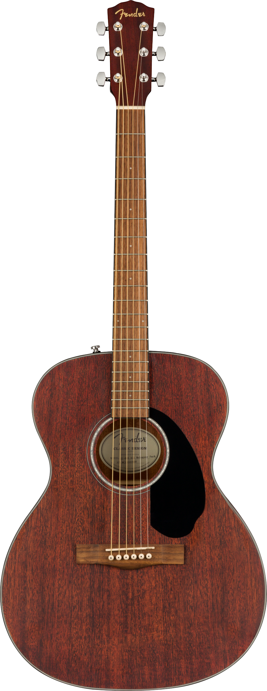 The image shows a Fender acoustic guitar with a reddish-brown wood finish and a classic body shape. It features a gold "Fender" logo on the headstock, six steel strings, three tuning pegs on each side, a black pickguard below the sound hole, a light-colored neck with fret markers, and a round sound hole with a decorative rosette. The guitar has a warm, natural finish and traditional bridge, suitable for various musical styles.