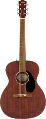 The image shows a Fender acoustic guitar with a reddish-brown wood finish and a classic body shape. It features a gold "Fender" logo on the headstock, six steel strings, three tuning pegs on each side, a black pickguard below the sound hole, a light-colored neck with fret markers, and a round sound hole with a decorative rosette. The guitar has a warm, natural finish and traditional bridge, suitable for various musical styles.