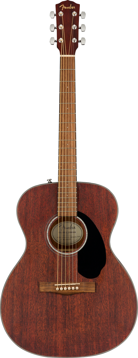 The image shows a Fender acoustic guitar with a reddish-brown wood finish and a classic body shape. It features a gold "Fender" logo on the headstock, six steel strings, three tuning pegs on each side, a black pickguard below the sound hole, a light-colored neck with fret markers, and a round sound hole with a decorative rosette. The guitar has a warm, natural finish and traditional bridge, suitable for various musical styles.