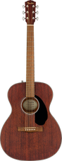 The image shows a Fender acoustic guitar with a reddish-brown wood finish and a classic body shape. It features a gold "Fender" logo on the headstock, six steel strings, three tuning pegs on each side, a black pickguard below the sound hole, a light-colored neck with fret markers, and a round sound hole with a decorative rosette. The guitar has a warm, natural finish and traditional bridge, suitable for various musical styles.
