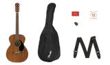 The image shows a Fender acoustic guitar starter kit featuring a natural wood finish dreadnought guitar with a black pickguard, a black soft gig bag with Fender logo, an adjustable black Fender strap, a black Fender guitar pick, a pack of light gauge Fender strings, and a red Fender Play card for online lessons. This complete bundle provides essential gear for beginner guitarists.