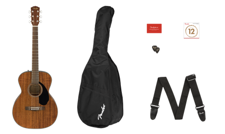 The image shows a Fender acoustic guitar starter kit featuring a natural wood finish dreadnought guitar with a black pickguard, a black soft gig bag with Fender logo, an adjustable black Fender strap, a black Fender guitar pick, a pack of light gauge Fender strings, and a red Fender Play card for online lessons. This complete bundle provides essential gear for beginner guitarists.
