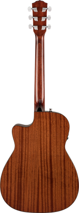The image shows the back of a high-quality acoustic-electric guitar with a mahogany or similar reddish-brown wood body and visible grain. It features a cutaway design for easy access to higher frets, six chrome tuning pegs, and an output jack for amplification. The guitar has a professional satin or semi-gloss finish, indicating good craftsmanship and versatility for various musical styles.