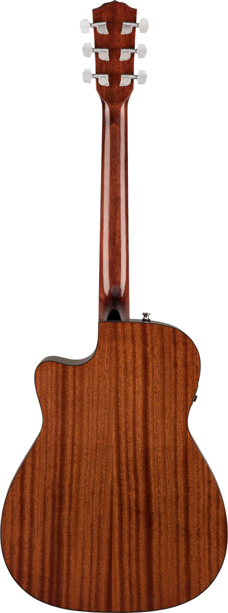The image shows the back of a high-quality acoustic-electric guitar with a mahogany or similar reddish-brown wood body and visible grain. It features a cutaway design for easy access to higher frets, six chrome tuning pegs, and an output jack for amplification. The guitar has a professional satin or semi-gloss finish, indicating good craftsmanship and versatility for various musical styles.