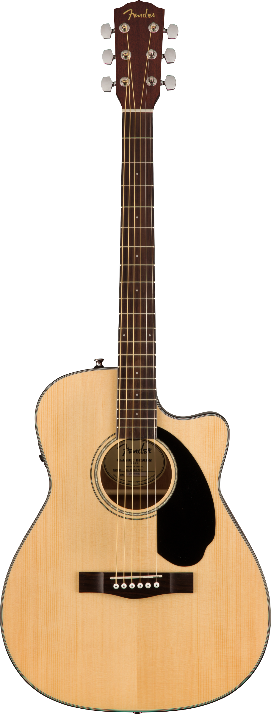 The image shows a Fender acoustic-electric guitar with a natural wood finish and cutaway body. It features chrome tuning pegs, a black teardrop pickguard, traditional bridge with white pins, and built-in electronics for amplification. The guitar has a dark wood neck, standard fret markers, and a decorative rosette around the sound hole, combining classic design with versatile playability.