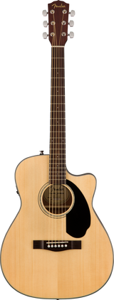 The image shows a Fender acoustic-electric guitar with a natural wood finish and cutaway body. It features chrome tuning pegs, a black teardrop pickguard, traditional bridge with white pins, and built-in electronics for amplification. The guitar has a dark wood neck, standard fret markers, and a decorative rosette around the sound hole, combining classic design with versatile playability.