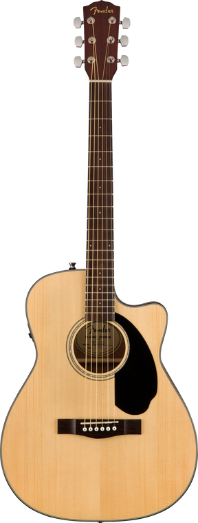 The image shows a Fender acoustic-electric guitar with a natural wood finish and cutaway body. It features chrome tuning pegs, a black teardrop pickguard, traditional bridge with white pins, and built-in electronics for amplification. The guitar has a dark wood neck, standard fret markers, and a decorative rosette around the sound hole, combining classic design with versatile playability.