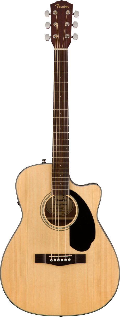 The image shows a Fender acoustic-electric guitar with a natural wood finish and cutaway body. It features chrome tuning pegs, a black teardrop pickguard, traditional bridge with white pins, and built-in electronics for amplification. The guitar has a dark wood neck, standard fret markers, and a decorative rosette around the sound hole, combining classic design with versatile playability.