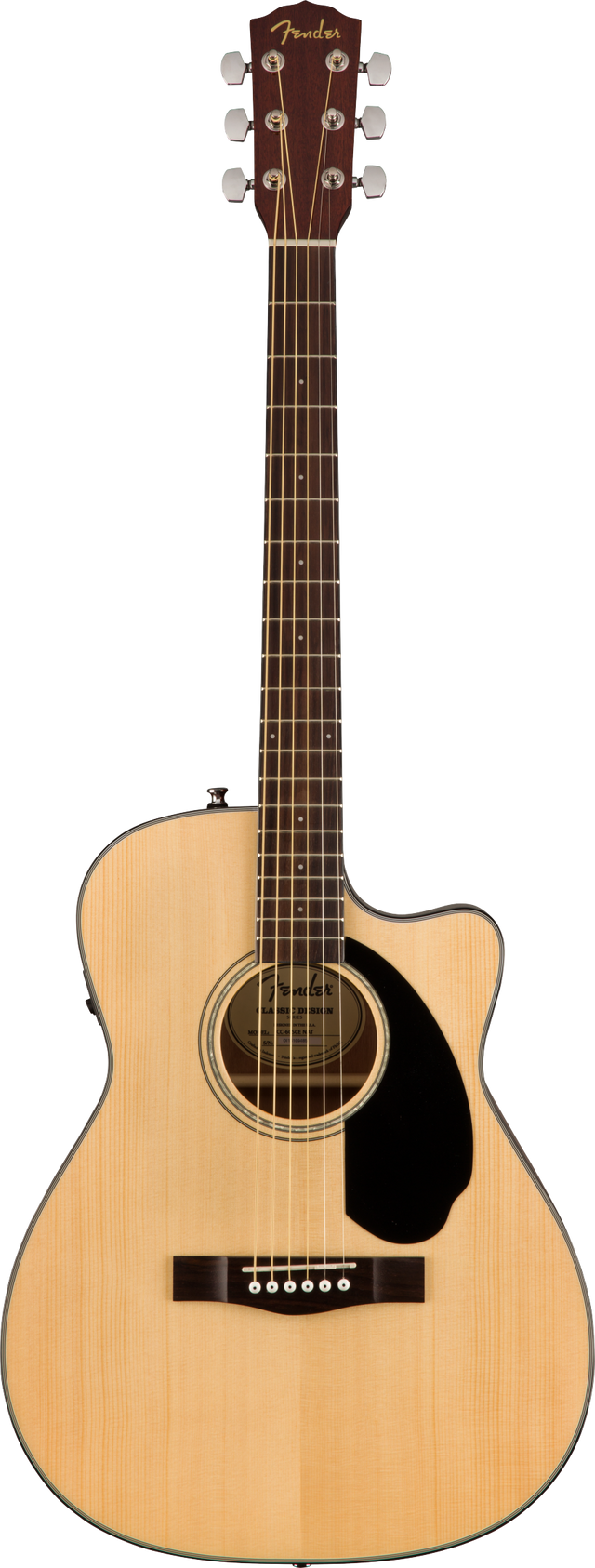 The image shows a Fender acoustic-electric guitar with a natural wood finish and cutaway body. It features chrome tuning pegs, a black teardrop pickguard, traditional bridge with white pins, and built-in electronics for amplification. The guitar has a dark wood neck, standard fret markers, and a decorative rosette around the sound hole, combining classic design with versatile playability.