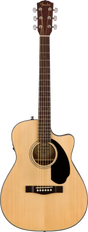 The image shows a Fender acoustic-electric guitar with a natural wood finish and cutaway body. It features chrome tuning pegs, a black teardrop pickguard, traditional bridge with white pins, and built-in electronics for amplification. The guitar has a dark wood neck, standard fret markers, and a decorative rosette around the sound hole, combining classic design with versatile playability.