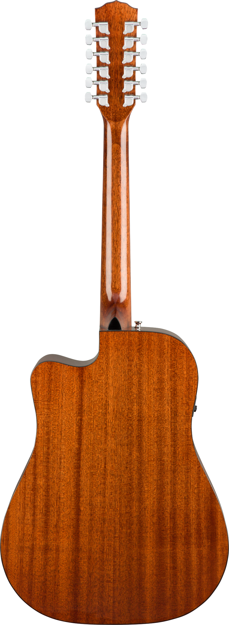 The image shows the back of a 12-string acoustic guitar with 12 tuning pegs in pairs on the headstock. It features a glossy, amber-toned wood finish with visible grain, a large dreadnought-style body with a cutaway, and chrome tuning machines. The back and sides appear to be mahogany or similar wood. A small black end pin jack is visible at the bottom, indicating it may be amplified. The guitar exudes quality craftsmanship and rich tonal potential.
