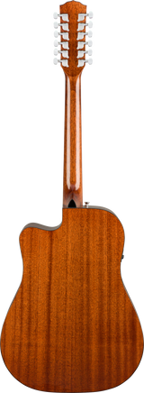 The image shows the back of a 12-string acoustic guitar with 12 tuning pegs in pairs on the headstock. It features a glossy, amber-toned wood finish with visible grain, a large dreadnought-style body with a cutaway, and chrome tuning machines. The back and sides appear to be mahogany or similar wood. A small black end pin jack is visible at the bottom, indicating it may be amplified. The guitar exudes quality craftsmanship and rich tonal potential.
