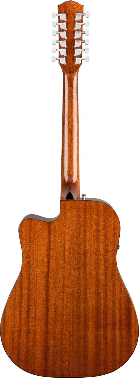 The image shows the back of a 12-string acoustic guitar with 12 tuning pegs in pairs on the headstock. It features a glossy, amber-toned wood finish with visible grain, a large dreadnought-style body with a cutaway, and chrome tuning machines. The back and sides appear to be mahogany or similar wood. A small black end pin jack is visible at the bottom, indicating it may be amplified. The guitar exudes quality craftsmanship and rich tonal potential.