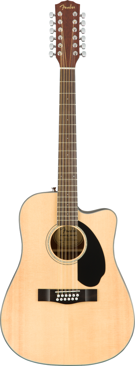 The image shows a Fender 12-string acoustic guitar with a natural blonde finish and dreadnought body. It features 12 strings in six pairs, a black teardrop-shaped pickguard, and 12 gold tuning pegs on the headstock with Fender branding. The cutaway design allows easier access to higher frets, suggesting it is an acoustic-electric model. The paired strings create a rich, shimmering sound typical of 12-string guitars.