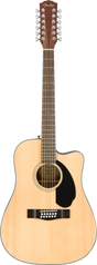 The image shows a Fender 12-string acoustic guitar with a natural blonde finish and dreadnought body. It features 12 strings in six pairs, a black teardrop-shaped pickguard, and 12 gold tuning pegs on the headstock with Fender branding. The cutaway design allows easier access to higher frets, suggesting it is an acoustic-electric model. The paired strings create a rich, shimmering sound typical of 12-string guitars.