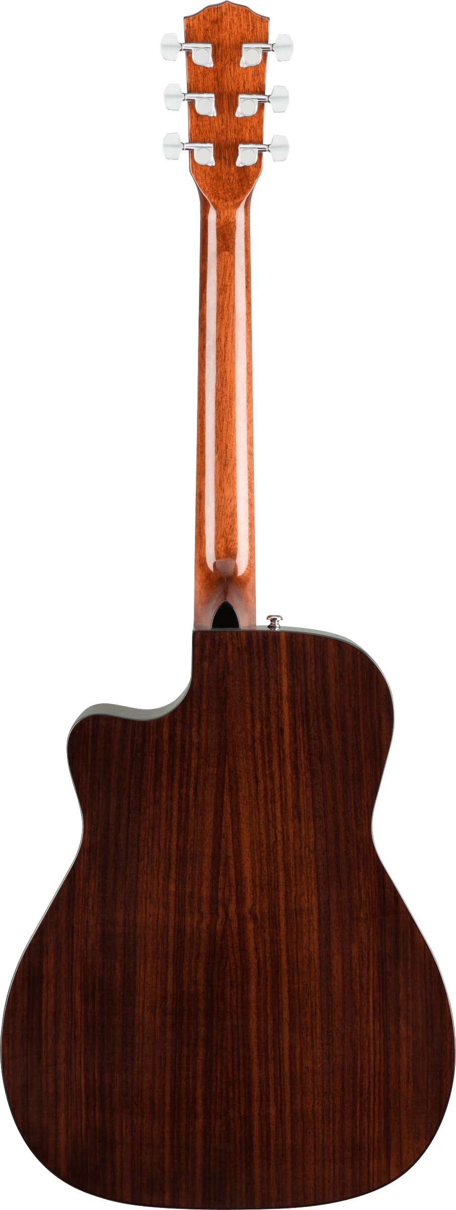 The image shows the back of a cutaway acoustic-electric guitar with a dark wood body and lighter wood neck. It features a headstock with six tuning pegs (3 per side), visible wood grain, and an input jack on the side. The smooth finish and contrasting woods highlight quality craftsmanship. The cutaway design allows easier access to higher frets, suitable for versatile playing styles.