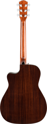 The image shows the back of a cutaway acoustic-electric guitar with a dark wood body and lighter wood neck. It features a headstock with six tuning pegs (3 per side), visible wood grain, and an input jack on the side. The smooth finish and contrasting woods highlight quality craftsmanship. The cutaway design allows easier access to higher frets, suitable for versatile playing styles.