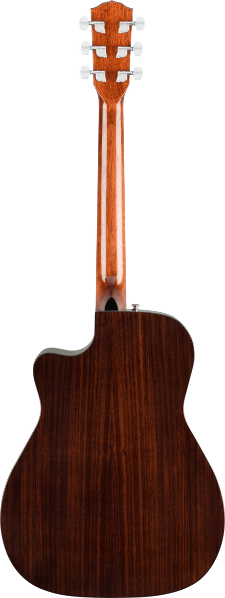 The image shows the back of a cutaway acoustic-electric guitar with a dark wood body and lighter wood neck. It features a headstock with six tuning pegs (3 per side), visible wood grain, and an input jack on the side. The smooth finish and contrasting woods highlight quality craftsmanship. The cutaway design allows easier access to higher frets, suitable for versatile playing styles.