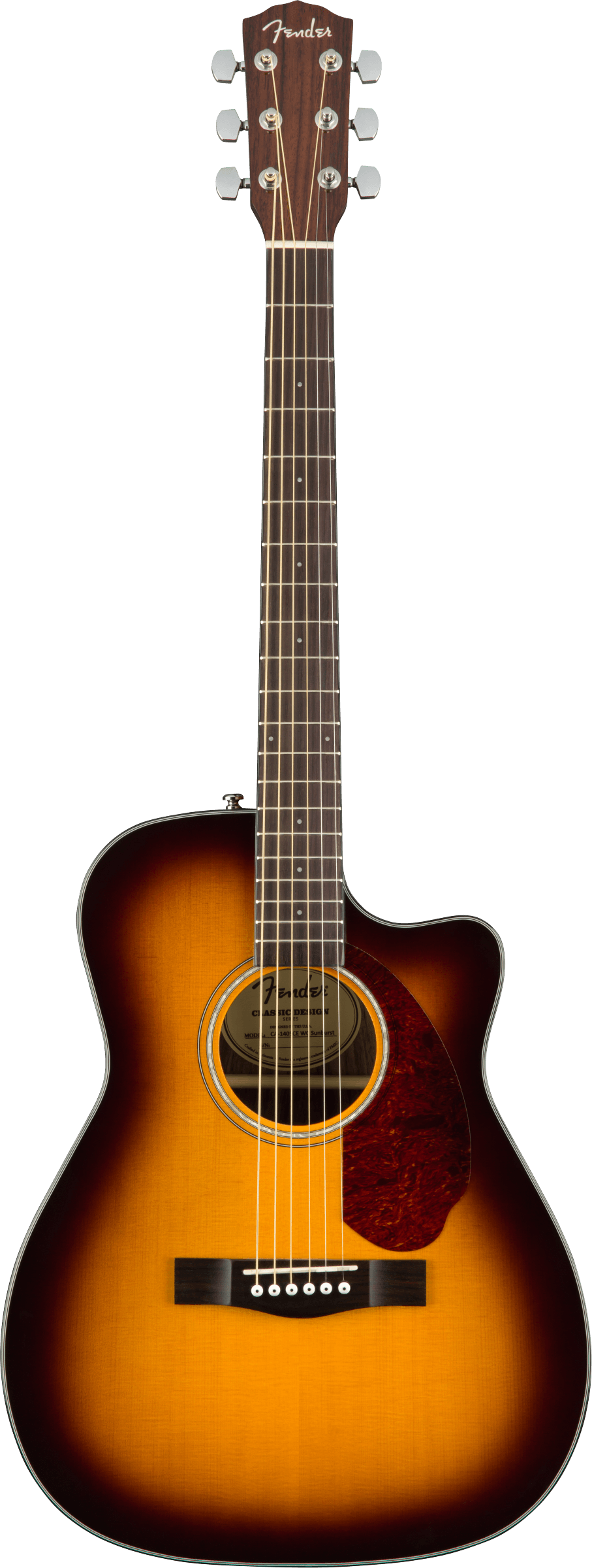 The image shows a Fender acoustic guitar with a single cutaway and sunburst finish, featuring a spruce top, round soundhole with rosette, and tortoiseshell pickguard. It has chrome tuning pegs (3+3), a dark rosewood fretboard with standard markers, and a traditional bridge. The design allows easy access to higher frets, combining classic aesthetics with versatility for various playing styles.