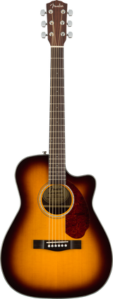 The image shows a Fender acoustic guitar with a single cutaway and sunburst finish, featuring a spruce top, round soundhole with rosette, and tortoiseshell pickguard. It has chrome tuning pegs (3+3), a dark rosewood fretboard with standard markers, and a traditional bridge. The design allows easy access to higher frets, combining classic aesthetics with versatility for various playing styles.