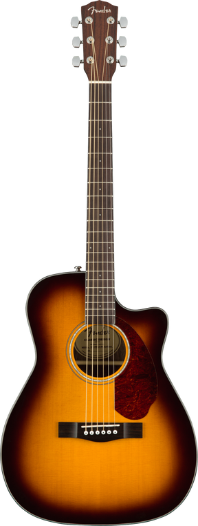 The image shows a Fender acoustic guitar with a single cutaway and sunburst finish, featuring a spruce top, round soundhole with rosette, and tortoiseshell pickguard. It has chrome tuning pegs (3+3), a dark rosewood fretboard with standard markers, and a traditional bridge. The design allows easy access to higher frets, combining classic aesthetics with versatility for various playing styles.