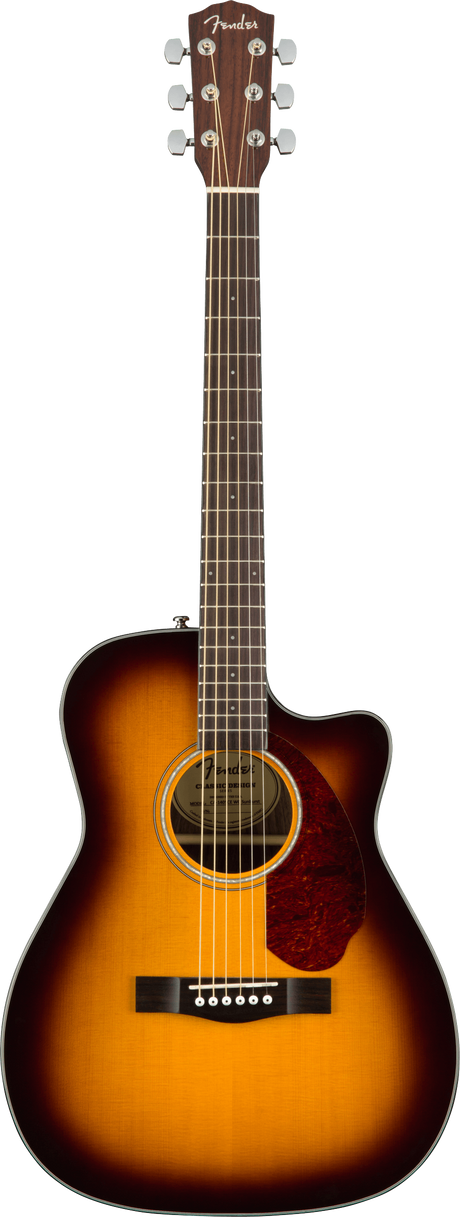 The image shows a Fender acoustic guitar with a single cutaway and sunburst finish, featuring a spruce top, round soundhole with rosette, and tortoiseshell pickguard. It has chrome tuning pegs (3+3), a dark rosewood fretboard with standard markers, and a traditional bridge. The design allows easy access to higher frets, combining classic aesthetics with versatility for various playing styles.