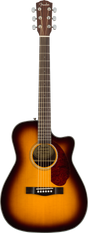 The image shows a Fender acoustic guitar with a single cutaway and sunburst finish, featuring a spruce top, round soundhole with rosette, and tortoiseshell pickguard. It has chrome tuning pegs (3+3), a dark rosewood fretboard with standard markers, and a traditional bridge. The design allows easy access to higher frets, combining classic aesthetics with versatility for various playing styles.