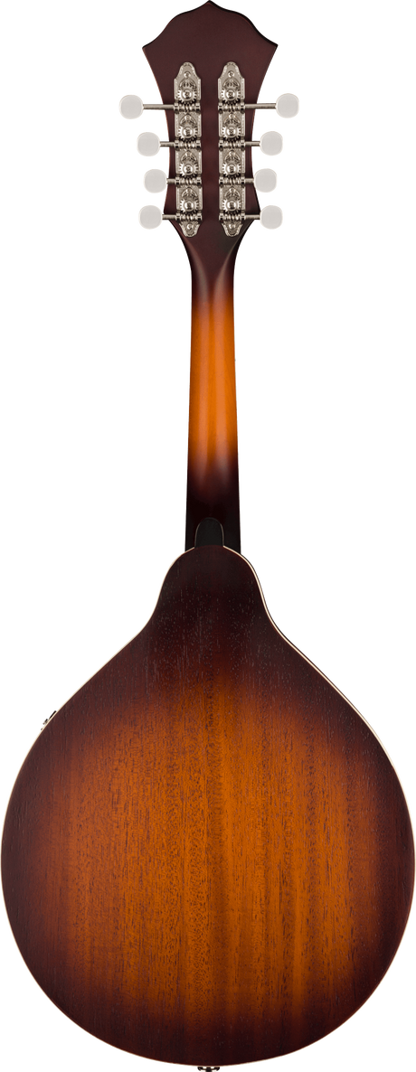 The image shows the back of a mandolin with a teardrop-shaped body featuring a sunburst wood finish, fading from amber in the center to dark brown at the edges. It has a wooden neck matching the body finish and a headstock with 8 chrome tuning pegs arranged in pairs, each with cream-colored buttons. The visible wood grain suggests quality tonewoods, typical of a mid-to-upper range mandolin.