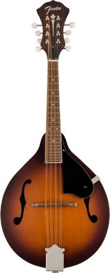 The image shows a Fender mandolin with a teardrop-shaped body and f-holes, featuring a sunburst finish from amber to dark brown. It has eight tuning pegs in pairs, the Fender logo on the headstock, a fretted neck with dark wood fingerboard and inlay markers, a black pickguard, and a tailpiece. This acoustic mandolin is tuned like a violin (G-D-A-E) with doubled strings, producing a bright, percussive sound.