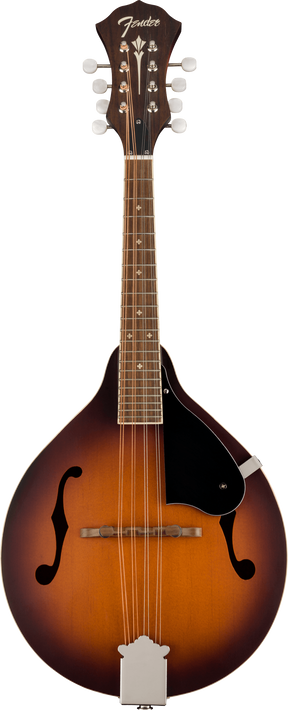The image shows a Fender mandolin with a teardrop-shaped body and f-holes, featuring a sunburst finish from amber to dark brown. It has eight tuning pegs in pairs, the Fender logo on the headstock, a fretted neck with dark wood fingerboard and inlay markers, a black pickguard, and a tailpiece. This acoustic mandolin is tuned like a violin (G-D-A-E) with doubled strings, producing a bright, percussive sound.