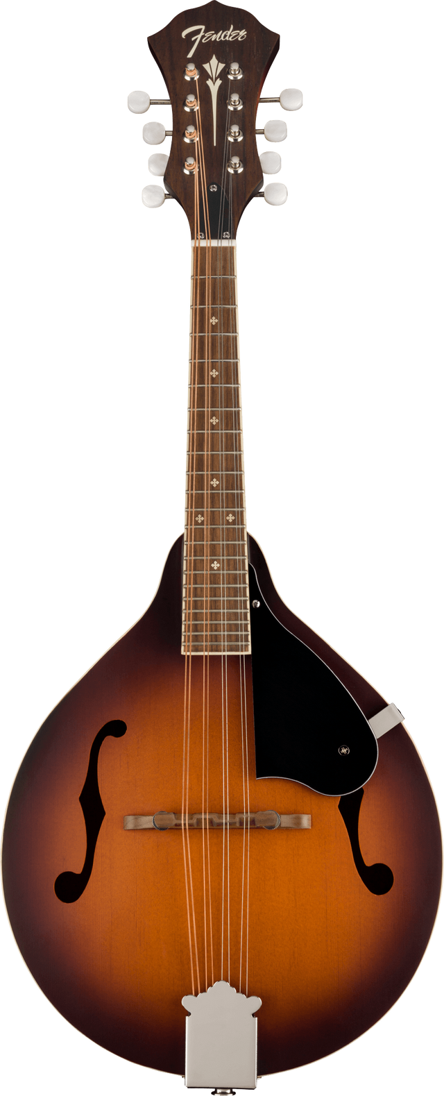 The image shows a Fender mandolin with a teardrop-shaped body and f-holes, featuring a sunburst finish from amber to dark brown. It has eight tuning pegs in pairs, the Fender logo on the headstock, a fretted neck with dark wood fingerboard and inlay markers, a black pickguard, and a tailpiece. This acoustic mandolin is tuned like a violin (G-D-A-E) with doubled strings, producing a bright, percussive sound.