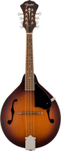 The image shows a Fender mandolin with a teardrop-shaped body and f-holes, featuring a sunburst finish from amber to dark brown. It has eight tuning pegs in pairs, the Fender logo on the headstock, a fretted neck with dark wood fingerboard and inlay markers, a black pickguard, and a tailpiece. This acoustic mandolin is tuned like a violin (G-D-A-E) with doubled strings, producing a bright, percussive sound.