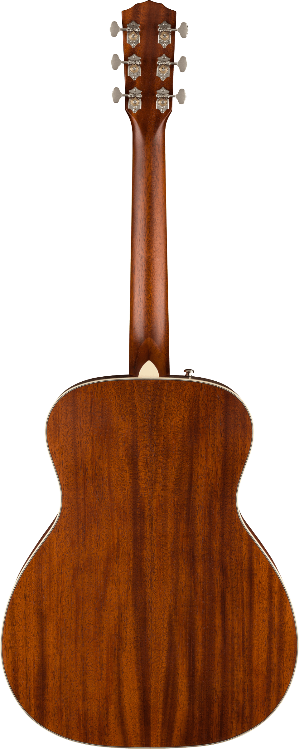 The image shows the back view of a steel-string acoustic guitar with a rich reddish-brown wood finish, likely mahogany. Visible features include a headstock with six tuning pegs and decorative metal covers, a neck, a bound body with classic guitar shape, and an output jack on the side, indicating it may be an acoustic-electric model. The craftsmanship highlights high-quality wood grain and professional tuning machines, suggesting a mid to high-end instrument.