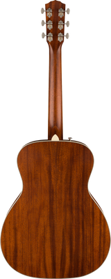 The image shows the back view of a steel-string acoustic guitar with a rich reddish-brown wood finish, likely mahogany. Visible features include a headstock with six tuning pegs and decorative metal covers, a neck, a bound body with classic guitar shape, and an output jack on the side, indicating it may be an acoustic-electric model. The craftsmanship highlights high-quality wood grain and professional tuning machines, suggesting a mid to high-end instrument.