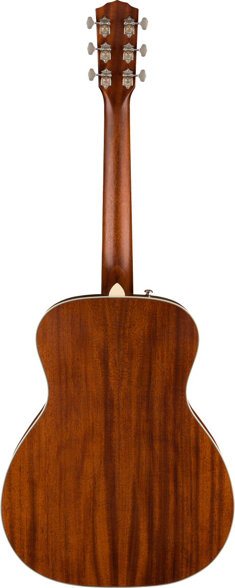 The image shows the back view of a steel-string acoustic guitar with a rich reddish-brown wood finish, likely mahogany. Visible features include a headstock with six tuning pegs and decorative metal covers, a neck, a bound body with classic guitar shape, and an output jack on the side, indicating it may be an acoustic-electric model. The craftsmanship highlights high-quality wood grain and professional tuning machines, suggesting a mid to high-end instrument.