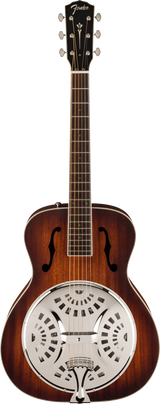 The image shows a Fender resonator (Dobro-style) guitar with a rich brown sunburst wood finish, large circular metal resonator cone with decorative perforations, and traditional f-shaped sound holes. It has a black headstock featuring a gold Fender logo, six chrome tuning pegs, and a dark wood fretboard with standard markers. Known for its loud, metallic tone, this high-quality acoustic guitar is popular in blues, bluegrass, and country music.