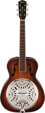 The image shows a Fender resonator (Dobro-style) guitar with a rich brown sunburst wood finish, large circular metal resonator cone with decorative perforations, and traditional f-shaped sound holes. It has a black headstock featuring a gold Fender logo, six chrome tuning pegs, and a dark wood fretboard with standard markers. Known for its loud, metallic tone, this high-quality acoustic guitar is popular in blues, bluegrass, and country music.