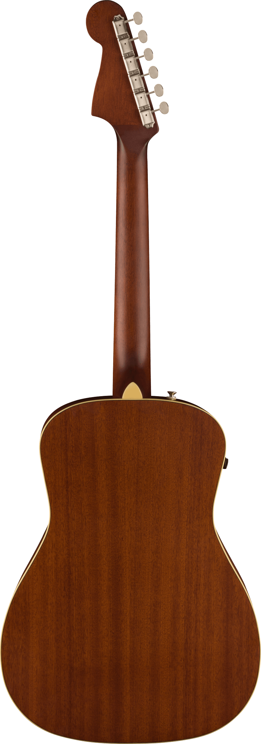 The image shows the back view of a wooden acoustic guitar with a warm brown, natural wood grain finish. It features a full neck with a light-colored fretboard, six tuning pegs on a classic headstock, and a dreadnought-style body with light binding. The satin or semi-gloss mahogany finish and clean edges indicate high-quality craftsmanship in professional product photography against a white background.
