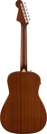 The image shows the back view of a wooden acoustic guitar with a warm brown, natural wood grain finish. It features a full neck with a light-colored fretboard, six tuning pegs on a classic headstock, and a dreadnought-style body with light binding. The satin or semi-gloss mahogany finish and clean edges indicate high-quality craftsmanship in professional product photography against a white background.