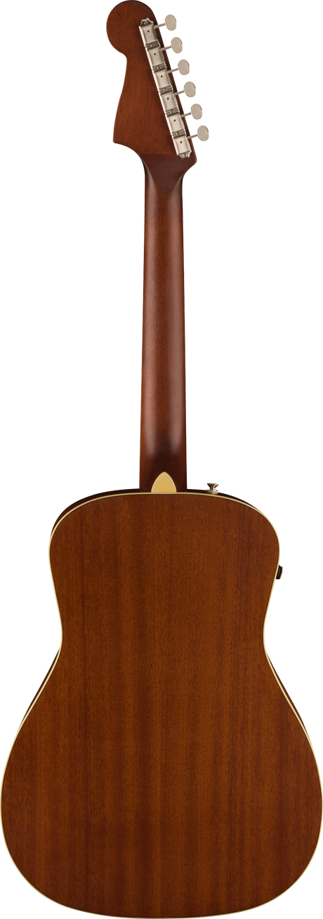 The image shows the back view of a wooden acoustic guitar with a warm brown, natural wood grain finish. It features a full neck with a light-colored fretboard, six tuning pegs on a classic headstock, and a dreadnought-style body with light binding. The satin or semi-gloss mahogany finish and clean edges indicate high-quality craftsmanship in professional product photography against a white background.