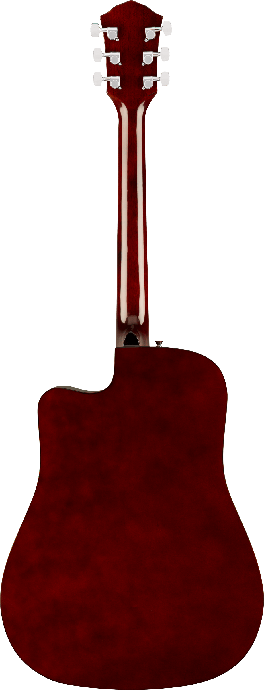 The image shows the back of a steel-string acoustic guitar with a deep red or burgundy finish. It has a dreadnought body with a cutaway, six silver tuning pegs in a 3+3 layout, a long neck, and a visible sound hole. The glossy surface gives it an elegant look. This full-size guitar is likely made from stained hardwood and suits various musical styles and skill levels.