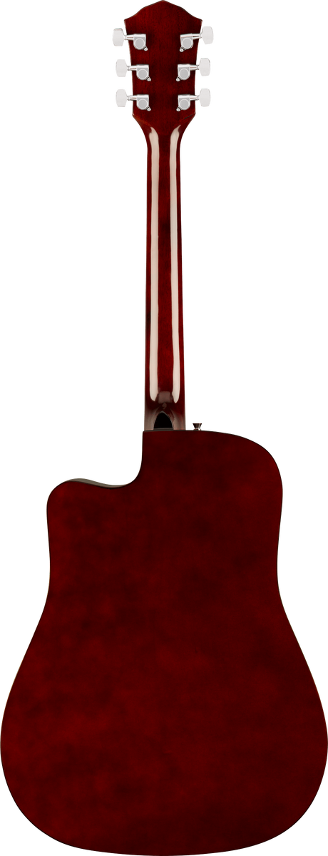 The image shows the back of a steel-string acoustic guitar with a deep red or burgundy finish. It has a dreadnought body with a cutaway, six silver tuning pegs in a 3+3 layout, a long neck, and a visible sound hole. The glossy surface gives it an elegant look. This full-size guitar is likely made from stained hardwood and suits various musical styles and skill levels.