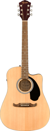 The image shows a Fender dreadnought acoustic guitar with a single cutaway and natural light wood top. It features a round soundhole with ring inlays, black teardrop pickguard, natural wood bridge with white pins, rosewood fretboard with dot markers, and chrome tuning pegs. The dark wood headstock displays the Fender logo in gold. Visible electronics indicate it is an acoustic-electric model, offering versatility for amplified and acoustic playing.