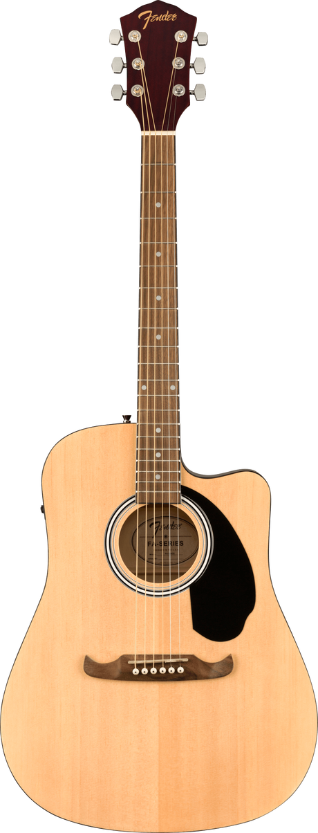 The image shows a Fender dreadnought acoustic guitar with a single cutaway and natural light wood top. It features a round soundhole with ring inlays, black teardrop pickguard, natural wood bridge with white pins, rosewood fretboard with dot markers, and chrome tuning pegs. The dark wood headstock displays the Fender logo in gold. Visible electronics indicate it is an acoustic-electric model, offering versatility for amplified and acoustic playing.