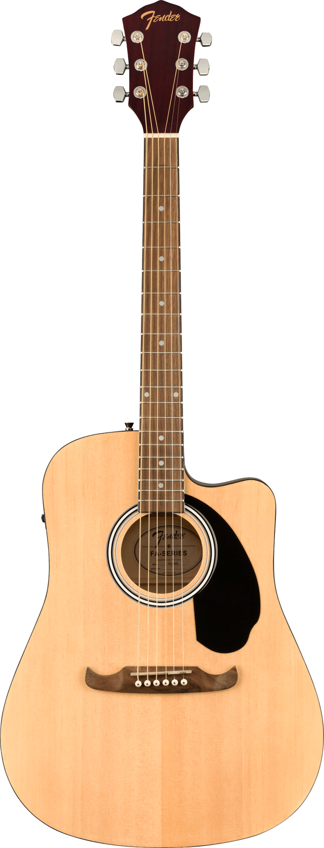 The image shows a Fender dreadnought acoustic guitar with a single cutaway and natural light wood top. It features a round soundhole with ring inlays, black teardrop pickguard, natural wood bridge with white pins, rosewood fretboard with dot markers, and chrome tuning pegs. The dark wood headstock displays the Fender logo in gold. Visible electronics indicate it is an acoustic-electric model, offering versatility for amplified and acoustic playing.