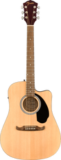 The image shows a Fender dreadnought acoustic guitar with a single cutaway and natural light wood top. It features a round soundhole with ring inlays, black teardrop pickguard, natural wood bridge with white pins, rosewood fretboard with dot markers, and chrome tuning pegs. The dark wood headstock displays the Fender logo in gold. Visible electronics indicate it is an acoustic-electric model, offering versatility for amplified and acoustic playing.