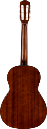 The image shows the back view of a classical guitar with a warm brown wood finish and visible grain. It features the traditional curved body shape, a long neck, and a headstock with six tuning pegs in a 3+3 layout and multiple slots. The wood resembles mahogany, highlighting fine craftsmanship typical of quality classical guitars suitable for serious performance.