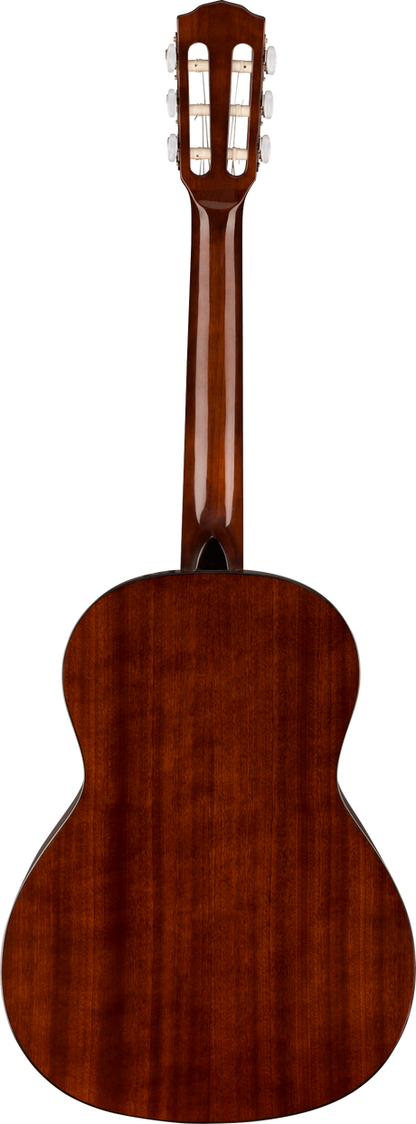 The image shows the back view of a classical guitar with a warm brown wood finish and visible grain. It features the traditional curved body shape, a long neck, and a headstock with six tuning pegs in a 3+3 layout and multiple slots. The wood resembles mahogany, highlighting fine craftsmanship typical of quality classical guitars suitable for serious performance.